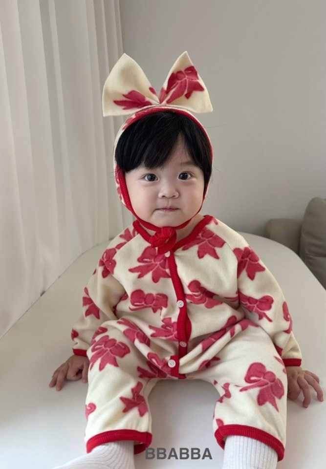 Bbabba - Korean Baby Fashion - #babyboutique - Fleece Ribbon Bonnet Suit Set