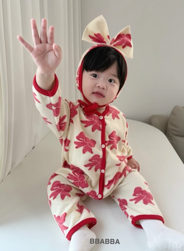 Bbabba - Korean Baby Fashion - #babyfever - Fleece Ribbon Bonnet Suit Set - 5