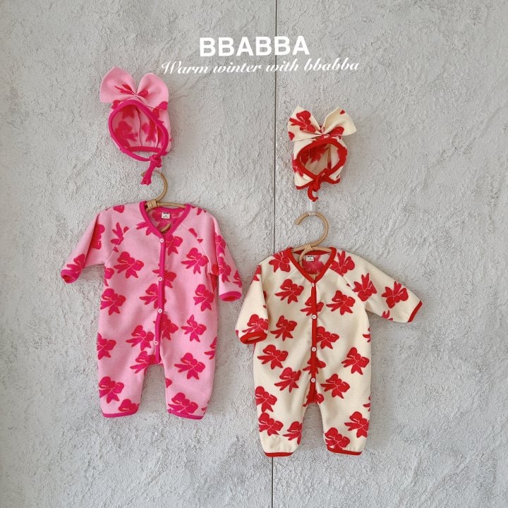 Bbabba - Korean Baby Fashion - #babyoninstagram - Fleece Ribbon Bonnet Suit Set - 8