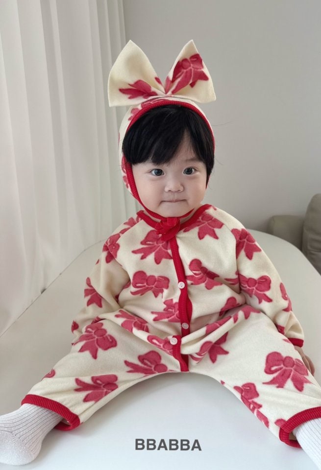 Bbabba - Korean Baby Fashion - #babyootd - Fleece Ribbon Bonnet Suit Set - 9