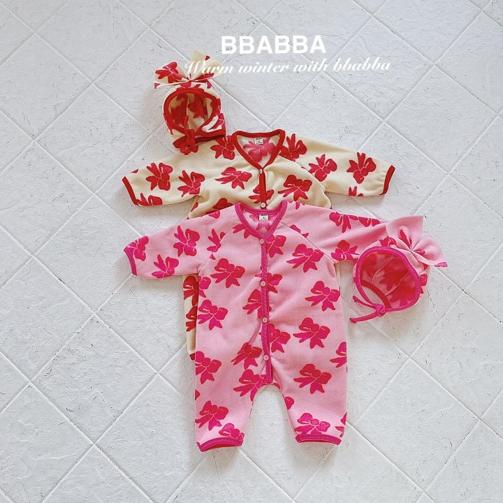 Bbabba - Korean Baby Fashion - #babywear - Fleece Ribbon Bonnet Suit Set - 12