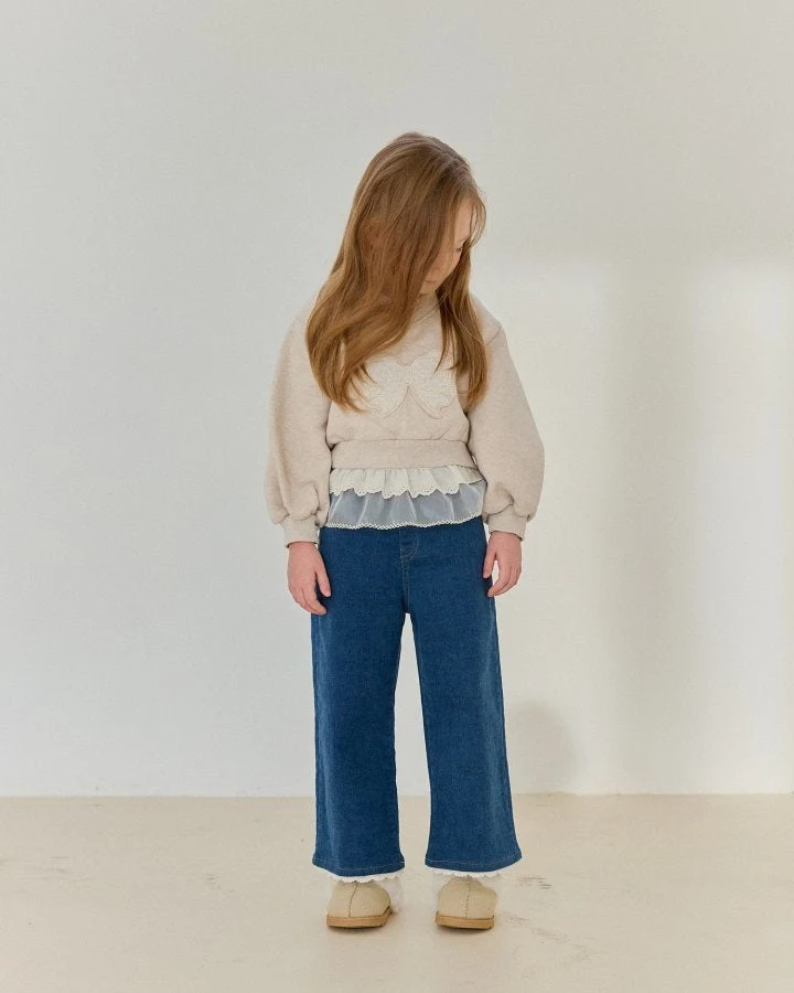 Bonaloi - Korean Children Fashion - #childrensboutique - Peach Lace Denim Pants - 9