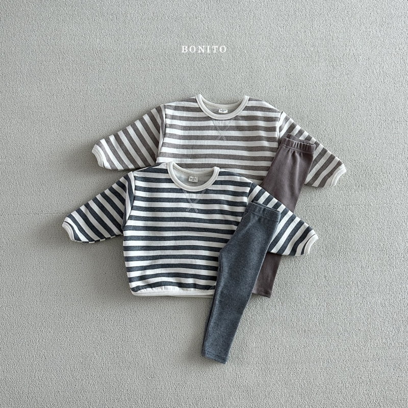 Bonito - Korean Baby Fashion - #babyoutfit - Stripe Fleece Sweatshirts Leggings Set - 2