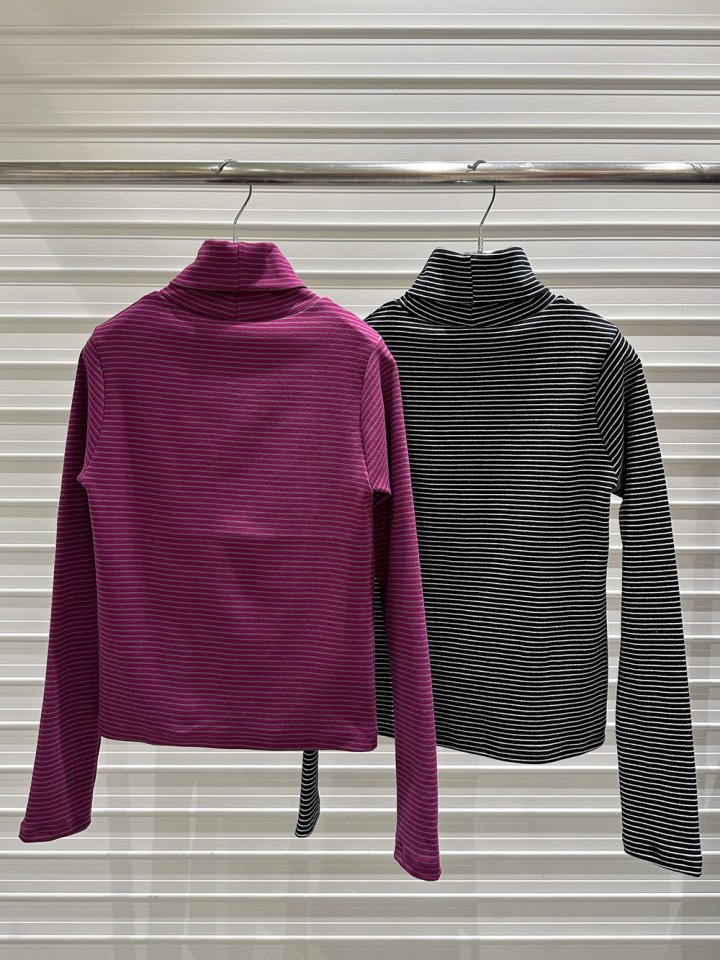 Bricklane - Korean Women Fashion - #momslook - Stripe Logo Turtleneck Tee