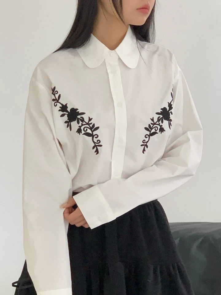 Bricklane - Korean Women Fashion - #vintageinspired - Flower Embroidery Shirt - 8