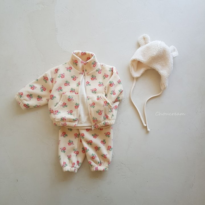 Choucream - Korean Baby Fashion - #onlinebabyboutique - Floral Fleece Zip-up Set