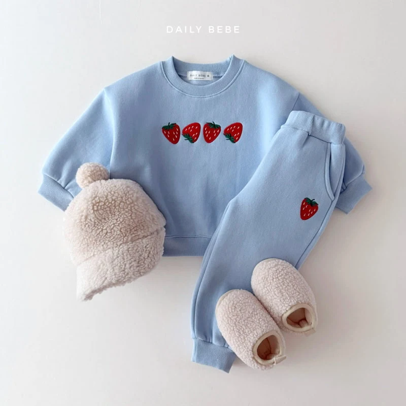 Daily Bebe - Korean Children Fashion - #todddlerfashion - Strawberry Embroidery Top Bottom Set - 8