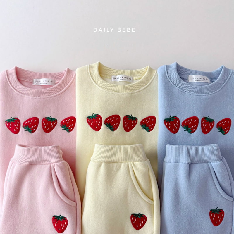 Daily Bebe - Korean Children Fashion - #toddlerclothing - Strawberry Embroidery Top Bottom Set - 9