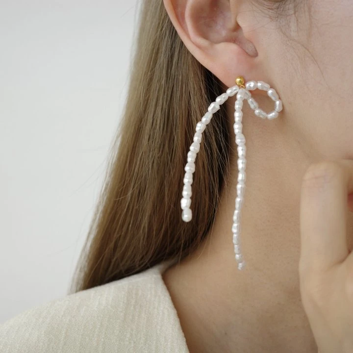 Eeiitt - Korean Women Fashion - #shopsmall - Half Ribbon Long Drop Earring - 5