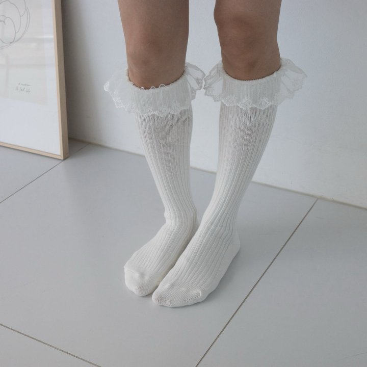 Eeiitt - Korean Women Fashion - #womensfashion - Lace Frill Rib Knee Socks - 2