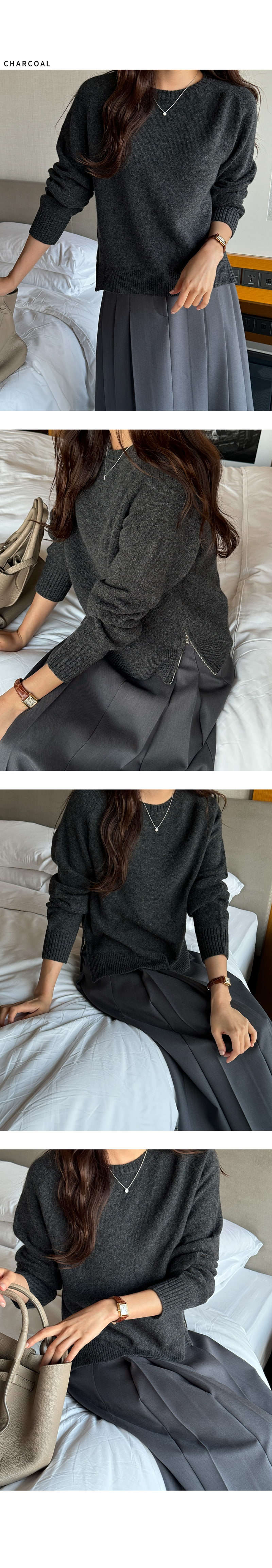 Floaty - Korean Women Fashion - #momslook - Saddle Zipper Round Sweater - 4