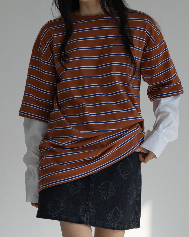 Inssense - Korean Women Fashion - #momslook - Oversized Stripe Shirt Sleeve Layered Tee - 10