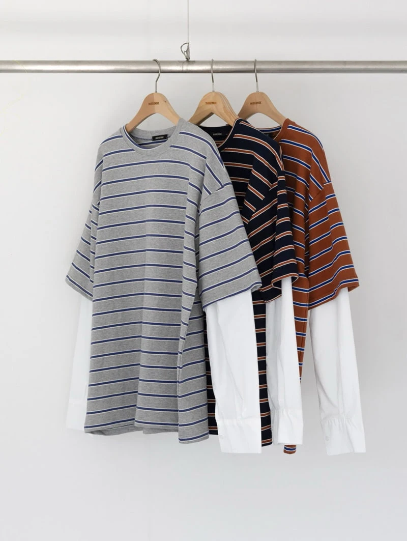 Inssense - Korean Women Fashion - #momslook - Oversized Stripe Shirt Sleeve Layered Tee - 2