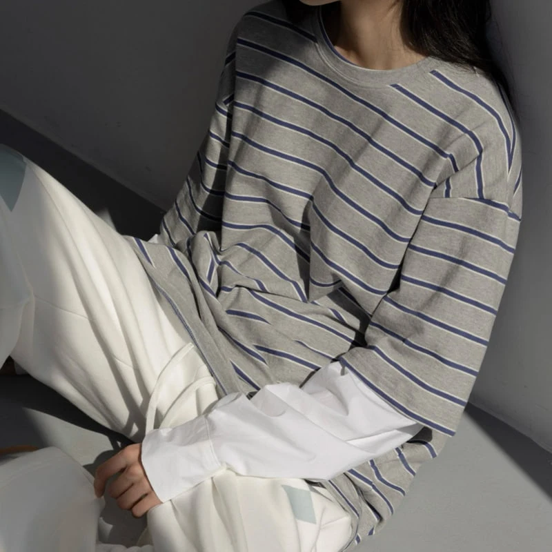 Inssense - Korean Women Fashion - #womensfashion - Oversized Stripe Shirt Sleeve Layered Tee - 4