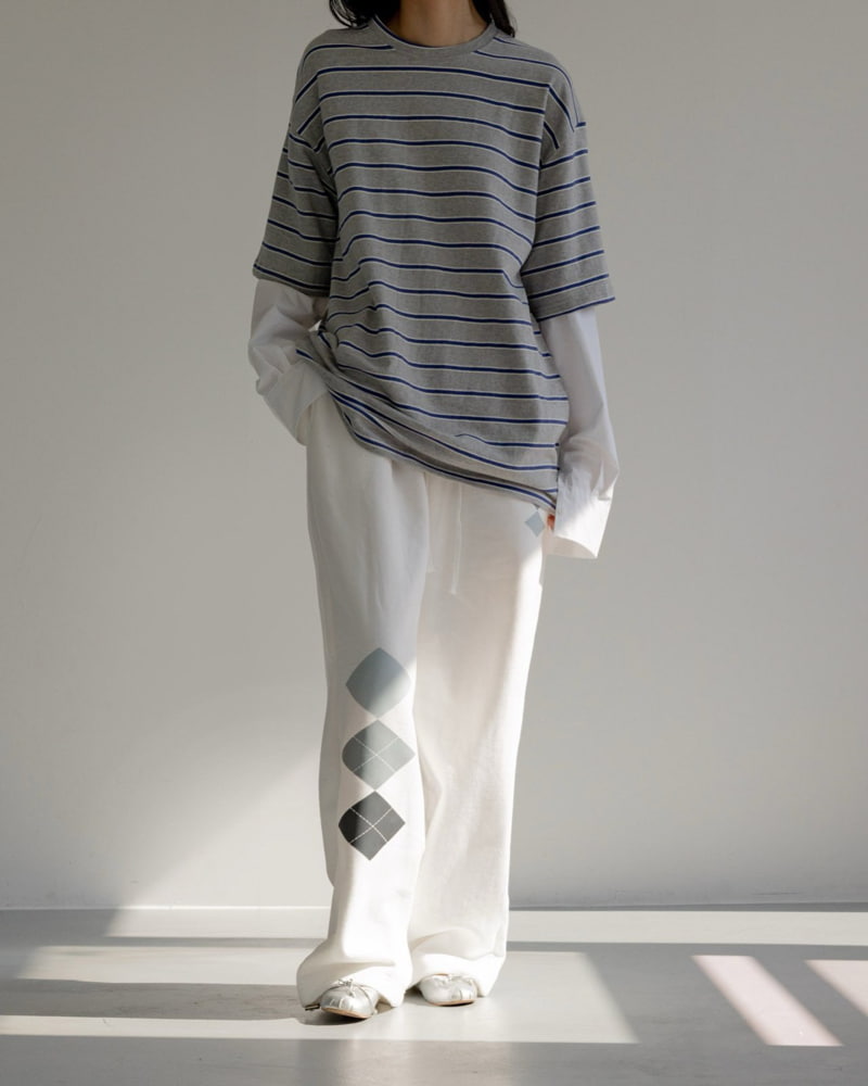 Inssense - Korean Women Fashion - #momslook - Oversized Stripe Shirt Sleeve Layered Tee - 6