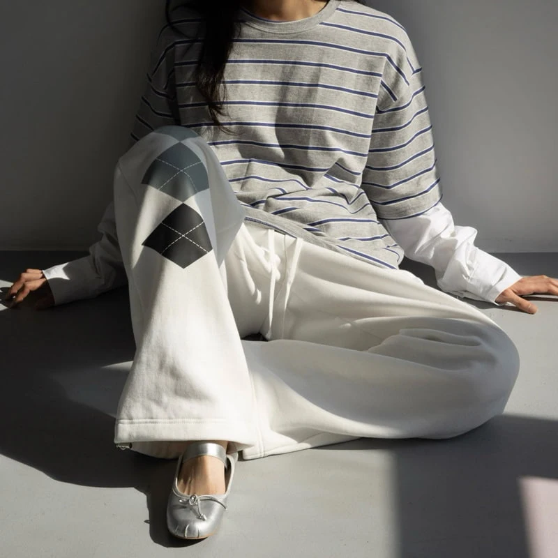 Inssense - Korean Women Fashion - #momslook - Oversized Stripe Shirt Sleeve Layered Tee - 8