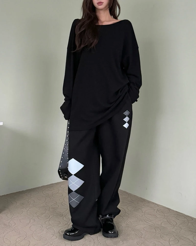 Inssense - Korean Women Fashion - #momslook - Argyle Print String Fleece Sweat Pants - 7