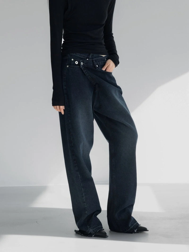 Inssense - Korean Women Fashion - #momslook - Unbalance Wrap Wide Denim Pants - 2