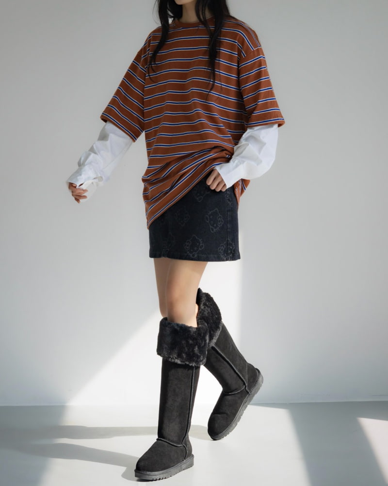 Inssense - Korean Women Fashion - #womensfashion - Oversized Stripe Shirt Sleeve Layered Tee - 11