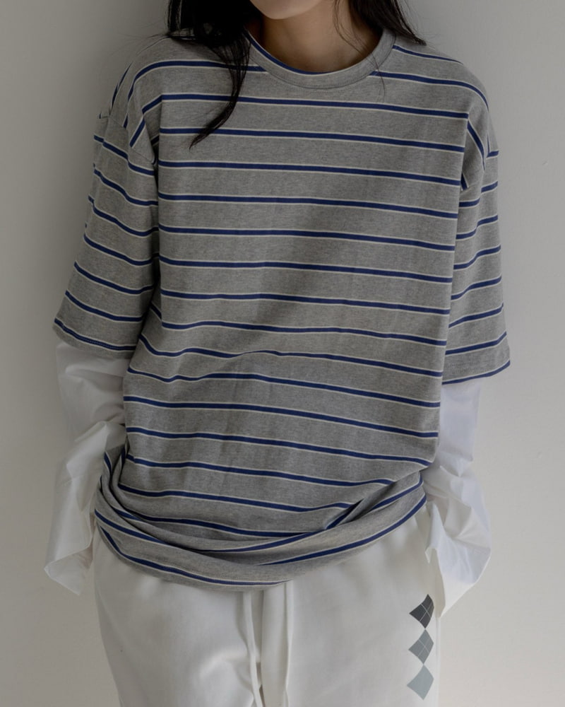 Inssense - Korean Women Fashion - #womensfashion - Oversized Stripe Shirt Sleeve Layered Tee - 9