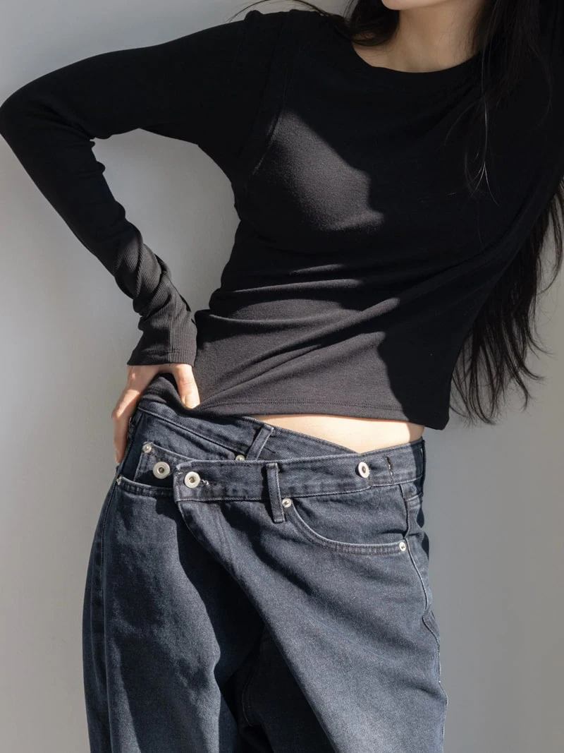 Inssense - Korean Women Fashion - #womensfashion - Unbalance Wrap Wide Denim Pants - 5