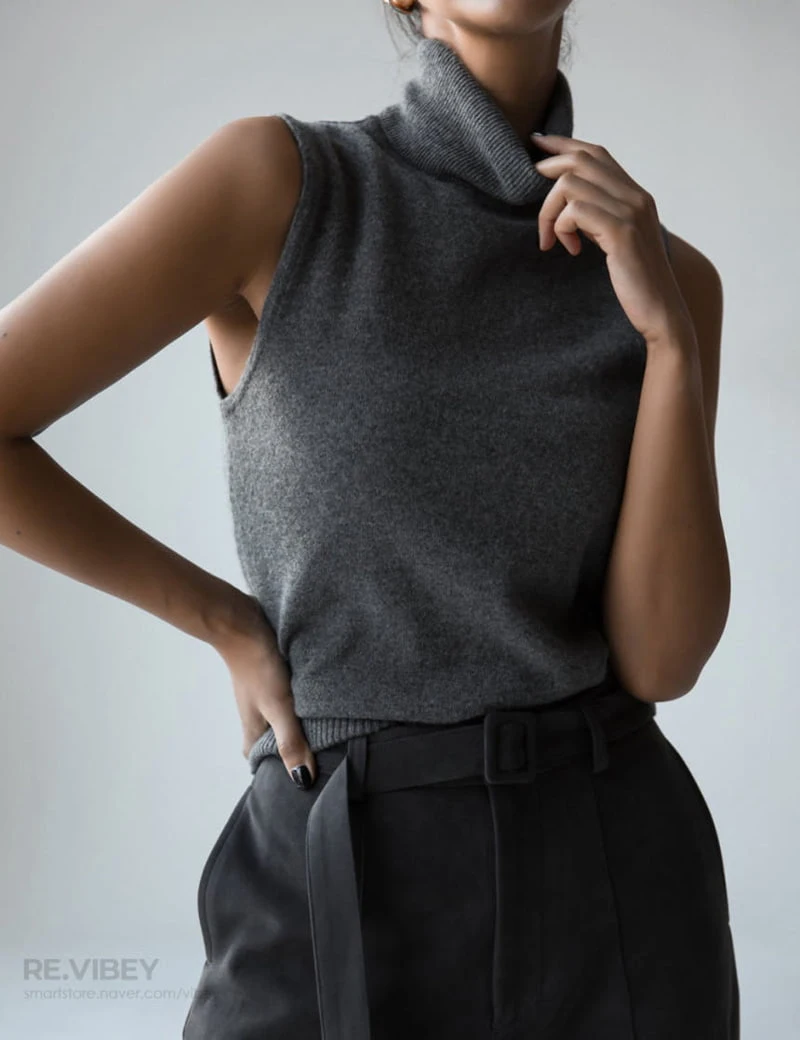 Paper Moon - Korean Women Fashion - #momslook - Cashmere Turtleneck Sleeveless Knit Top - 8