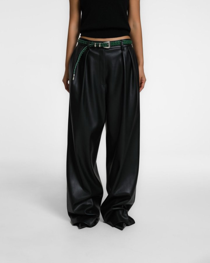 Paper Moon - Korean Women Fashion - #momslook - Leather Low Waisted Double Pleats Wide Trousers - 2