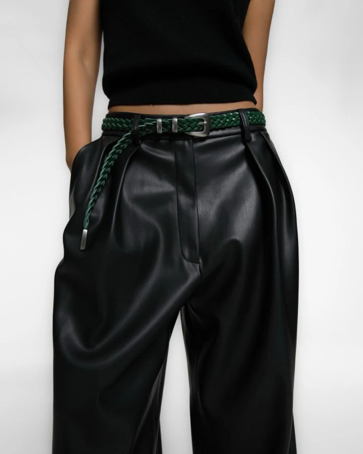 Paper Moon - Korean Women Fashion - #womensfashion - Leather Low Waisted Double Pleats Wide Trousers - 4