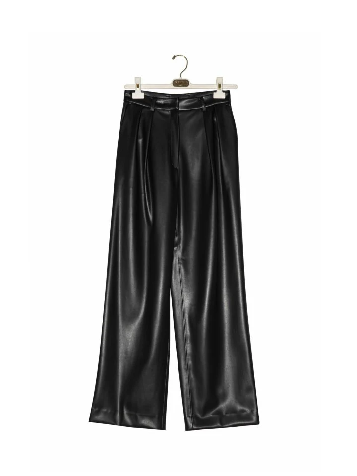 Paper Moon - Korean Women Fashion - #momslook - Leather Low Waisted Double Pleats Wide Trousers - 6