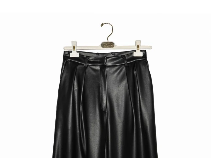 Paper Moon - Korean Women Fashion - #momslook - Leather Low Waisted Double Pleats Wide Trousers - 8