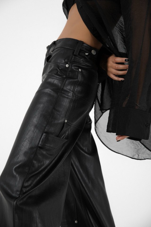 Paper Moon - Korean Women Fashion - #vintagekidsstyle - Vivid Vegan Leather Carpenter Trousers