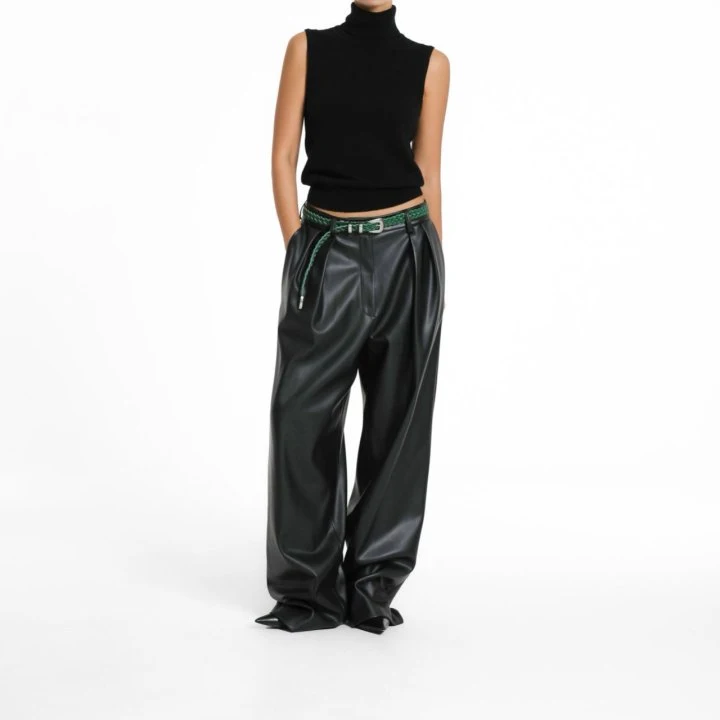 Paper Moon - Korean Women Fashion - #womensfashion - Leather Low Waisted Double Pleats Wide Trousers