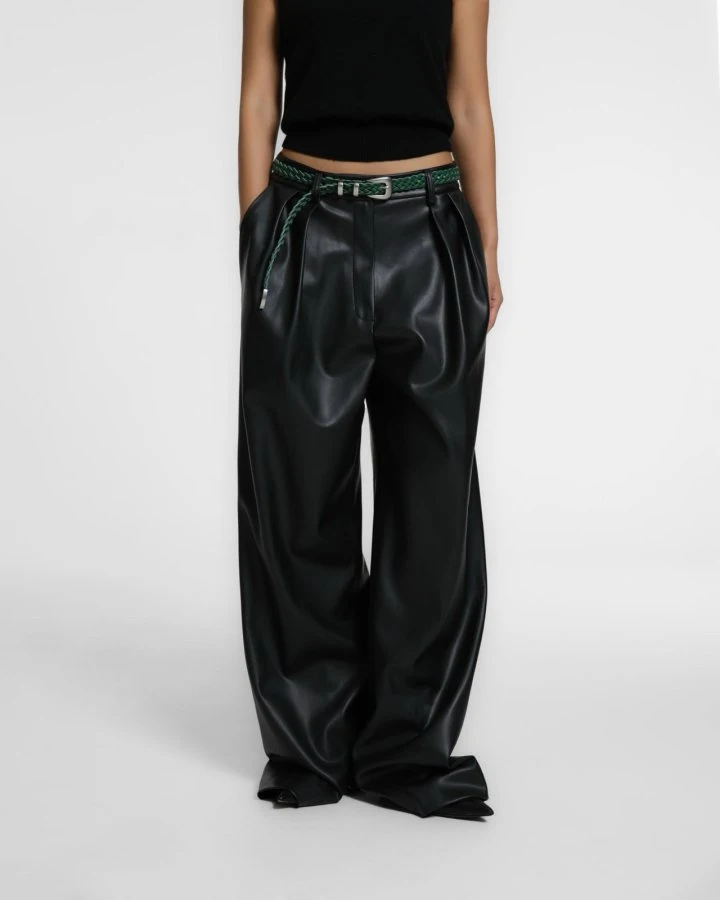 Paper Moon - Korean Women Fashion - #womensfashion - Leather Low Waisted Double Pleats Wide Trousers - 3