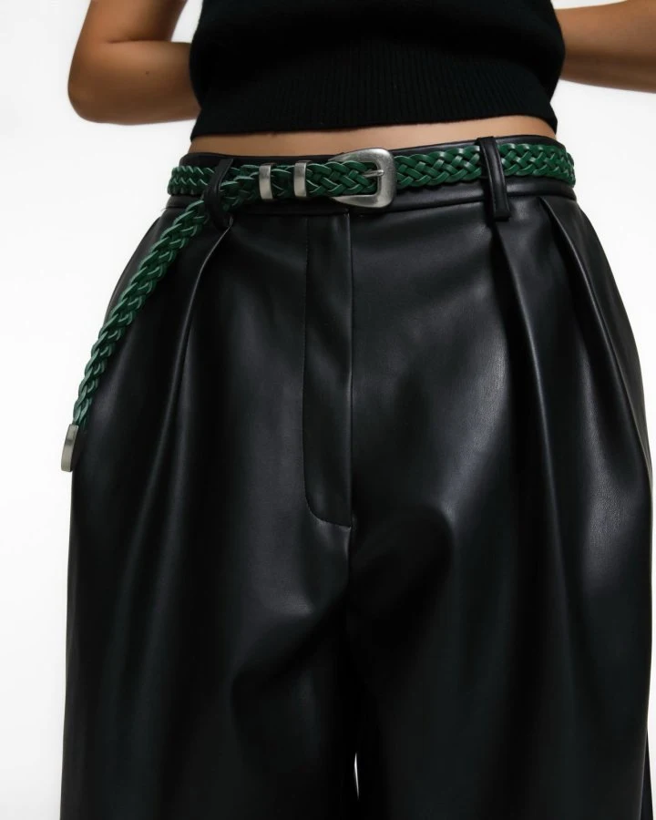 Paper Moon - Korean Women Fashion - #womensfashion - Leather Low Waisted Double Pleats Wide Trousers - 5