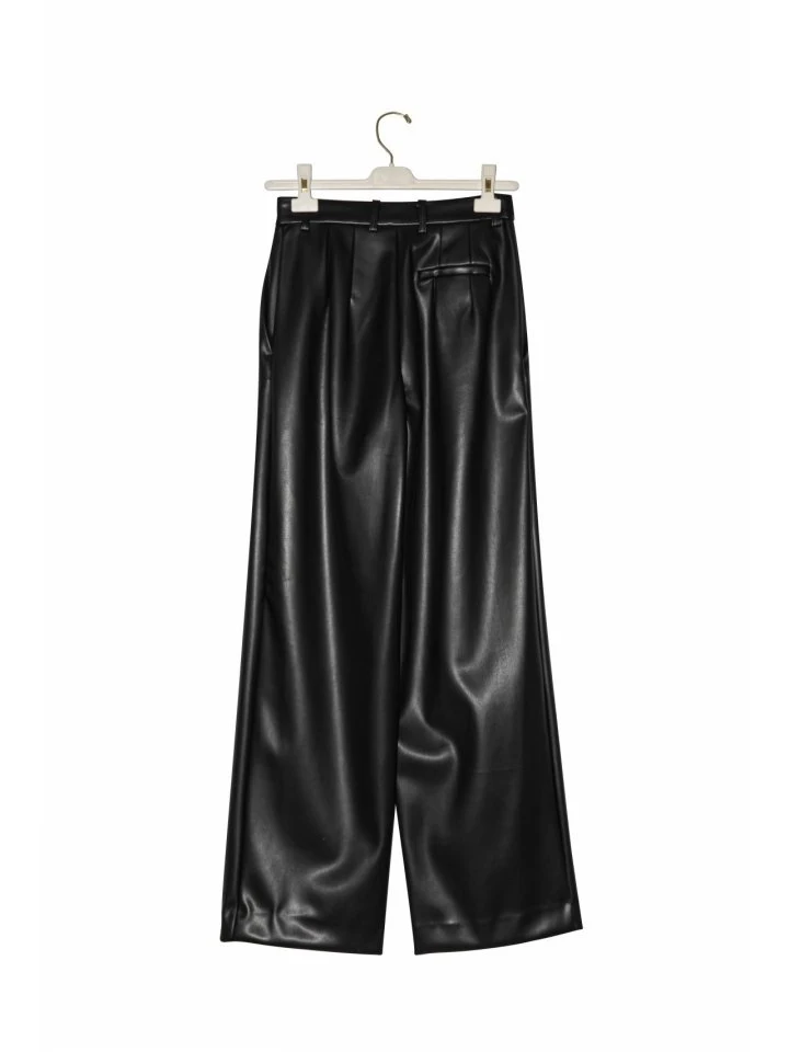 Paper Moon - Korean Women Fashion - #womensfashion - Leather Low Waisted Double Pleats Wide Trousers - 7