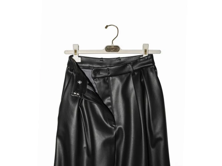 Paper Moon - Korean Women Fashion - #womensfashion - Leather Low Waisted Double Pleats Wide Trousers - 9