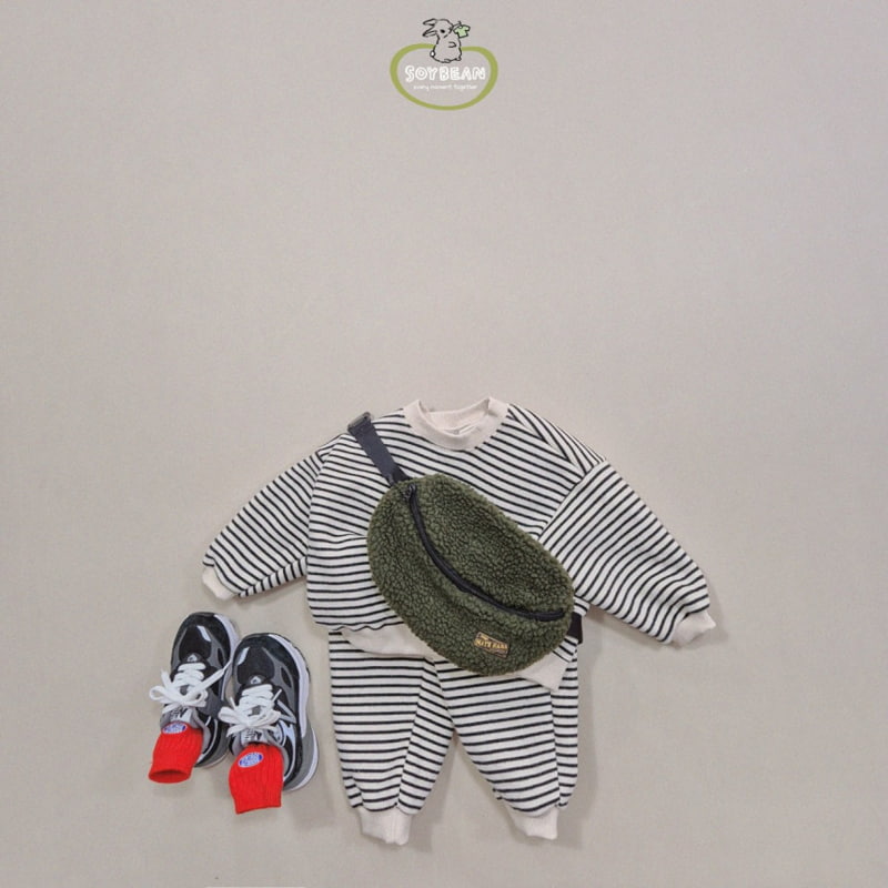 Soybean - Korean Children Fashion - #todddlerfashion - Fleece Stripe Top Bottom Set - 2