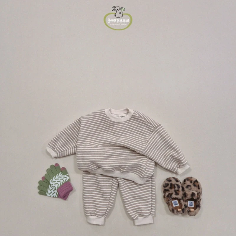 Soybean - Korean Children Fashion - #toddlerclothing - Fleece Stripe Top Bottom Set - 3