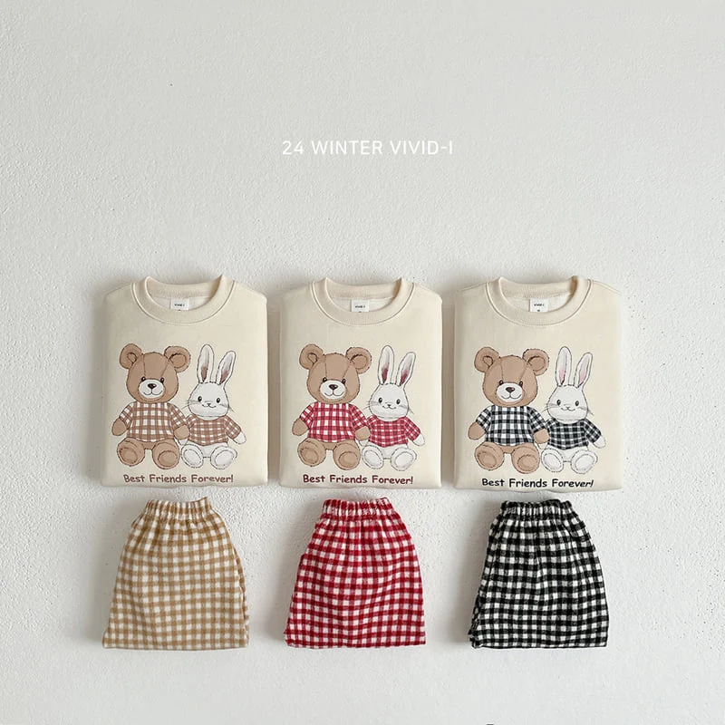 Vivid I - Korean Children Fashion - #designkidswear - Rabbit Bear Check Top Bottom Set - 3