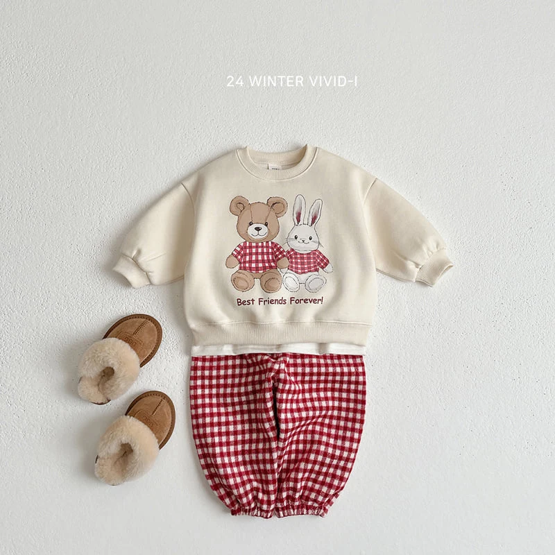 Vivid I - Korean Children Fashion - #designkidswear - Rabbit Bear Check Top Bottom Set - 4