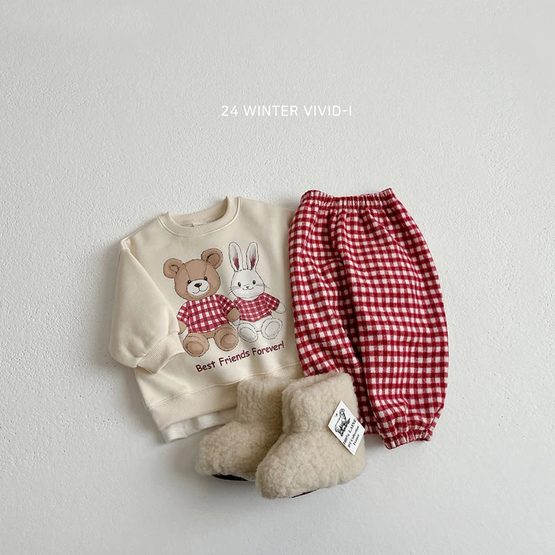 Vivid I - Korean Children Fashion - #fashionkids - Rabbit Bear Check Top Bottom Set - 5