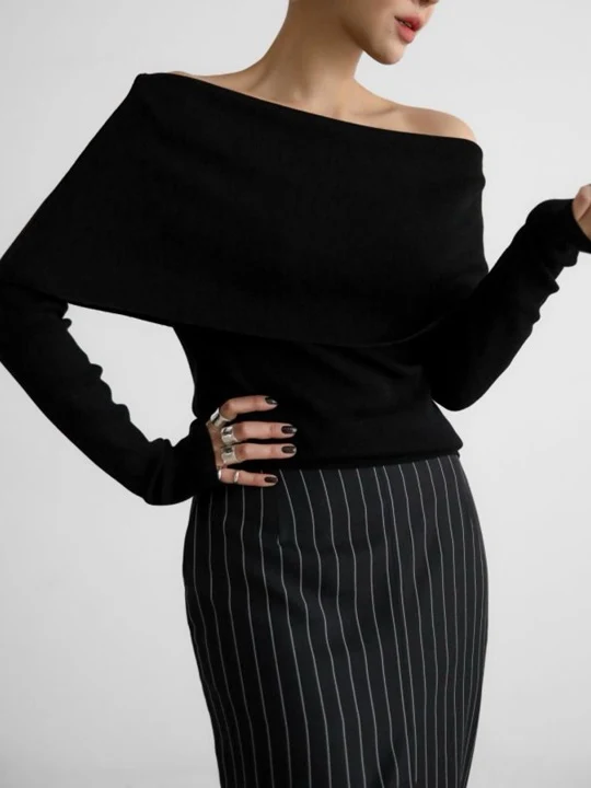 Off Shoulder Long Sleeved Knit Top