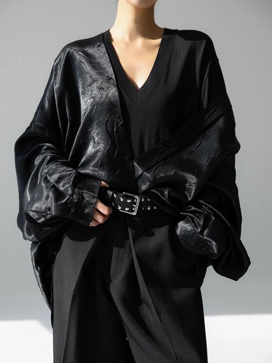 Crinkle Satin Oversized Button Down Shirt