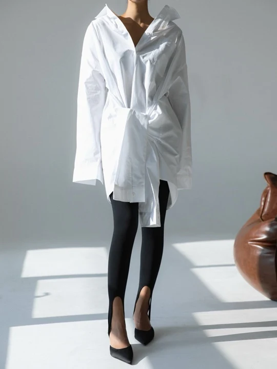 Oversized Knot Sleeved Detail Button Down Shirt Dress