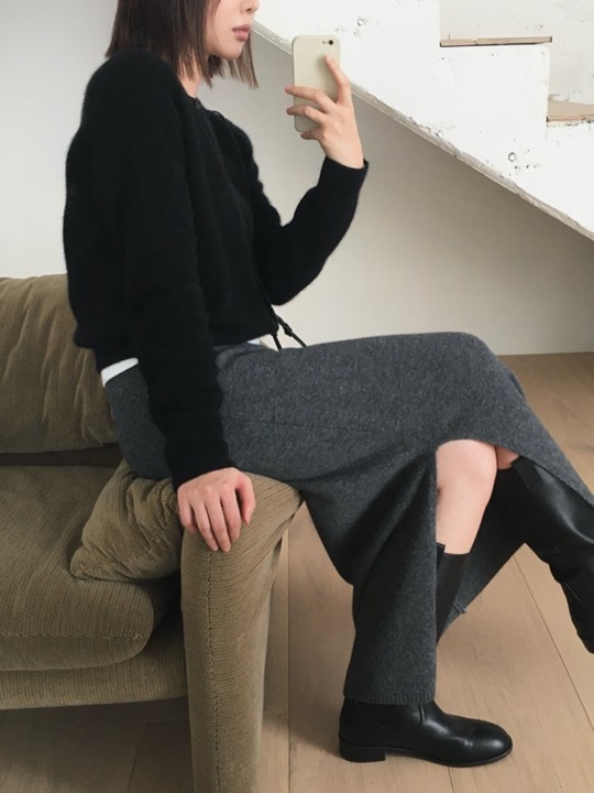 Wool Cashmere Side Slit Long Skirt