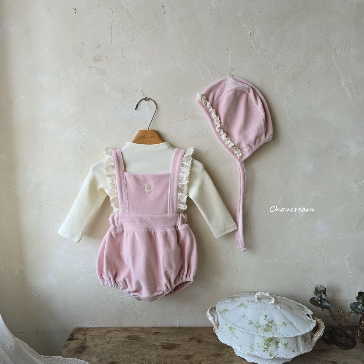 Choucream - Korean Baby Fashion - #babyoutfit - Heart Suspenders Suit Bonnet Set - 10