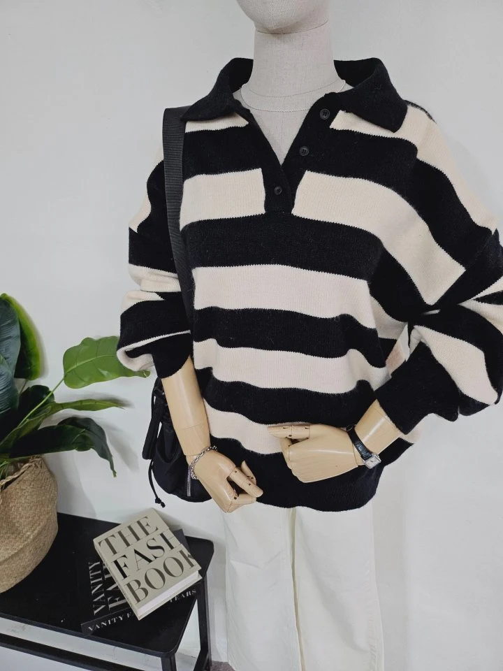 Gram - Korean Women Fashion - #momslook - Wide Stripe Collar Knit - 2