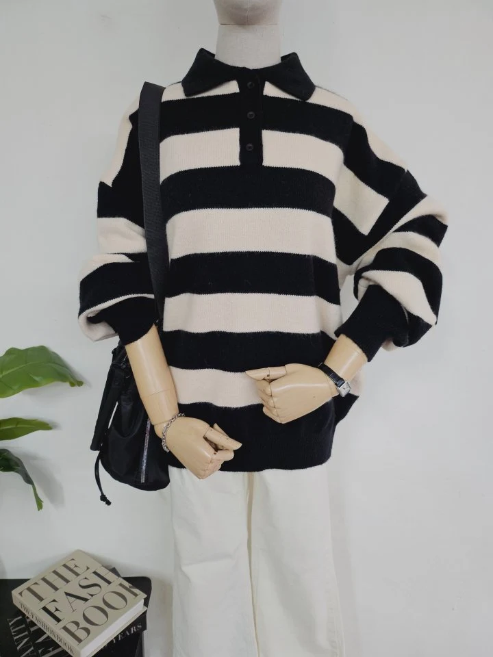 Gram - Korean Women Fashion - #womensfashion - Wide Stripe Collar Knit - 4