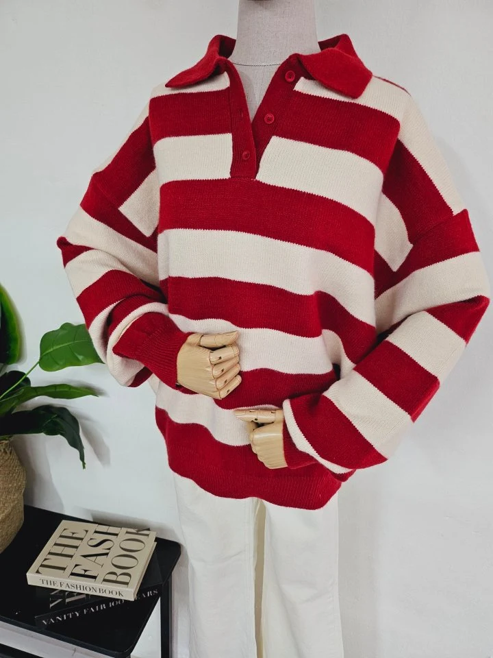 Gram - Korean Women Fashion - #momslook - Wide Stripe Collar Knit - 6