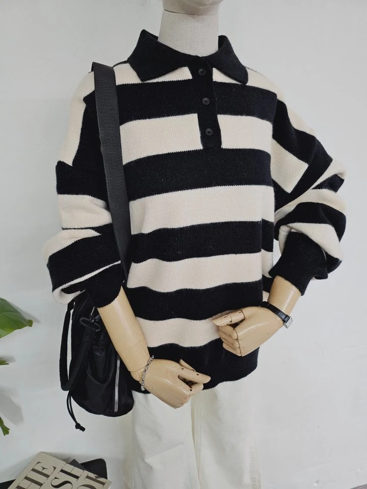 Gram - Korean Women Fashion - #womensfashion - Wide Stripe Collar Knit - 3